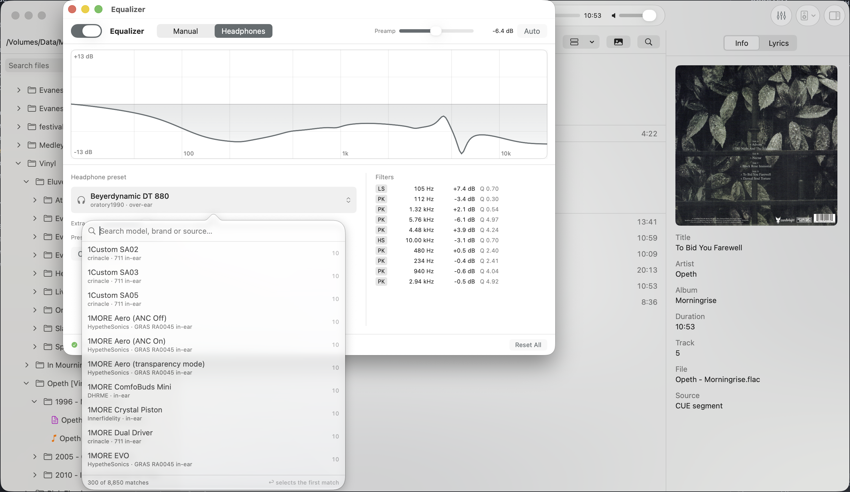 Vano equalizer showing a searchable headphone preset library with 8,850 matches
