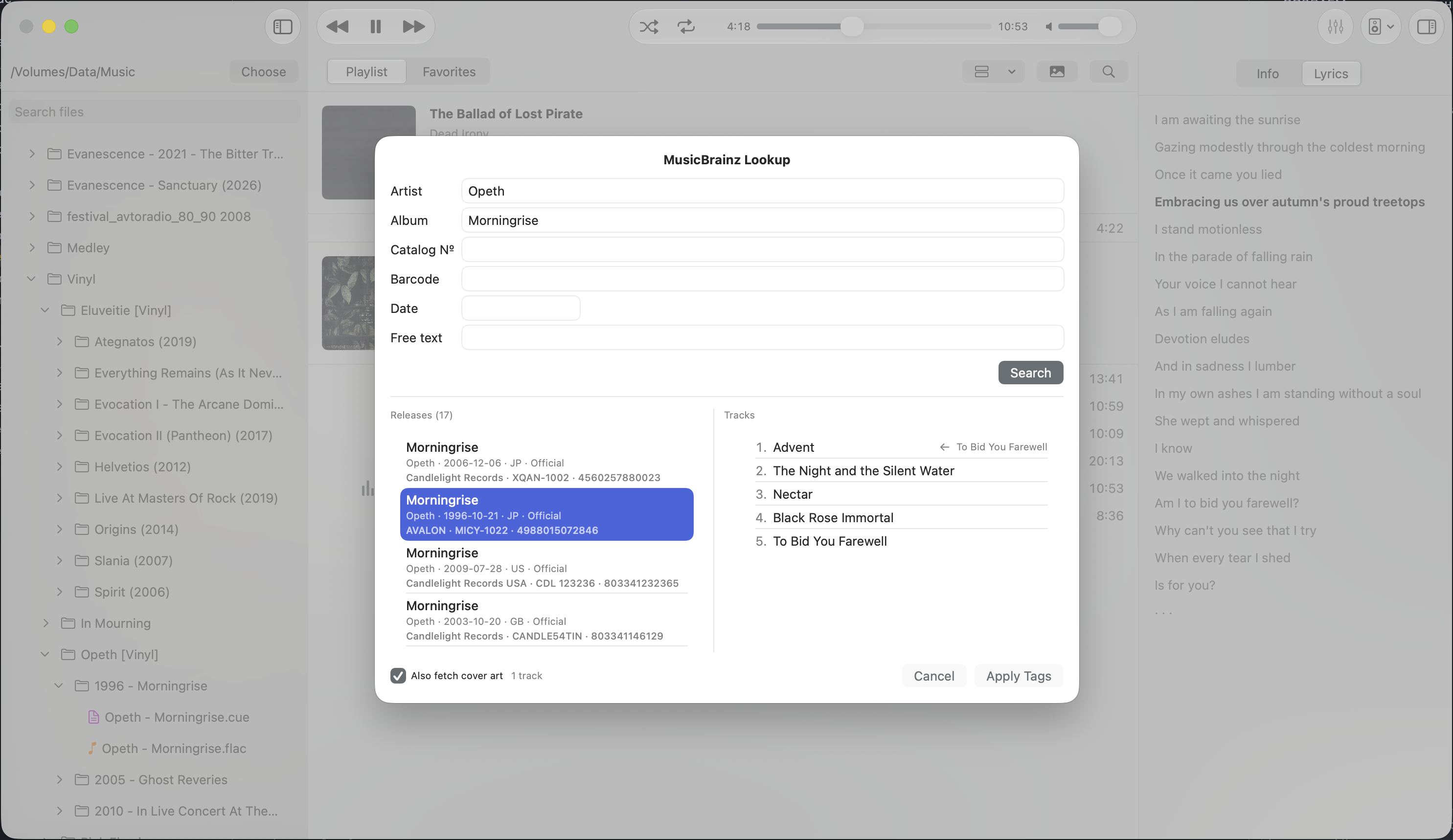 Vano MusicBrainz Lookup showing matching releases and tracks for Opeth's Morningrise