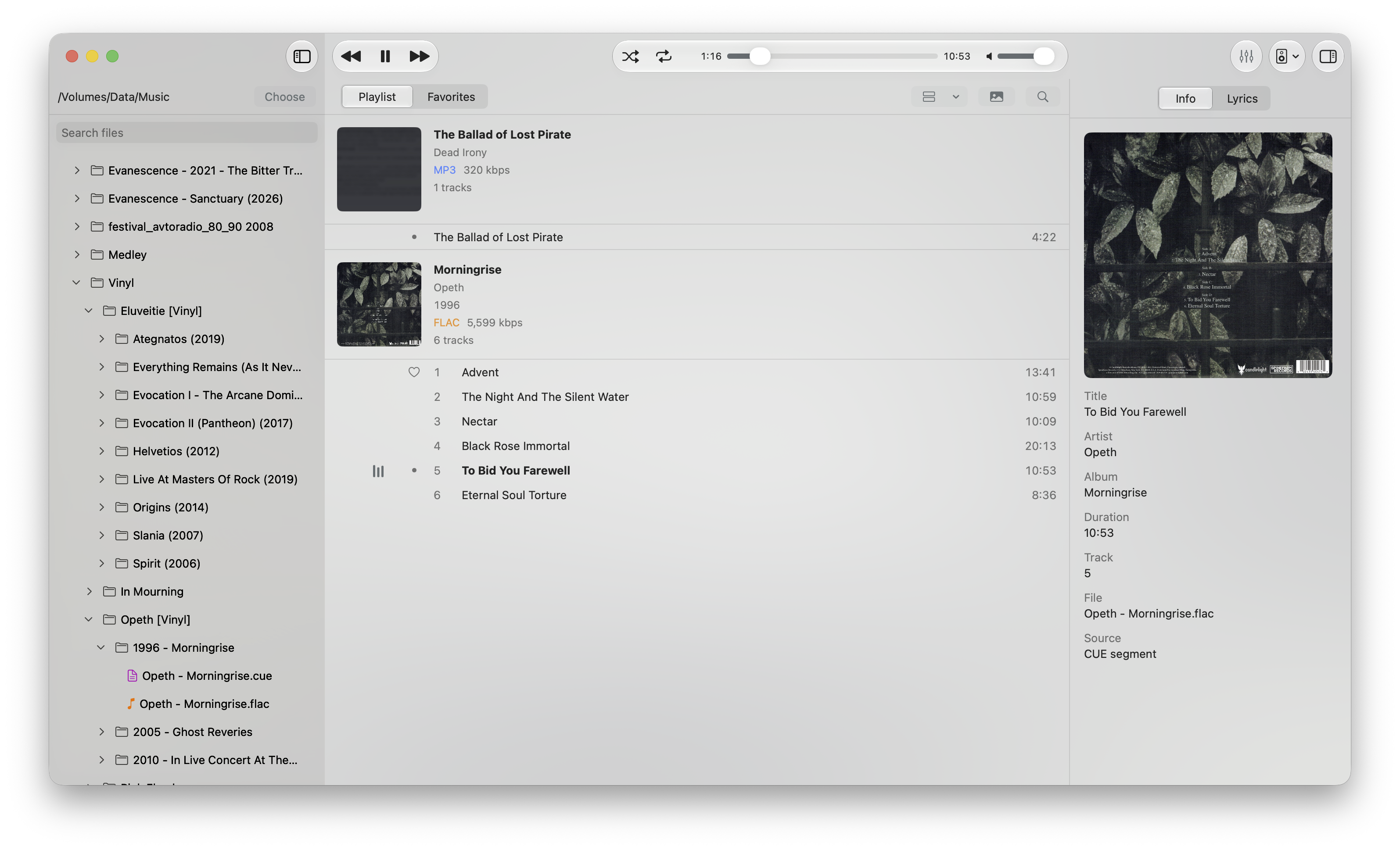 Vano Audio Player showing an album playlist and track details