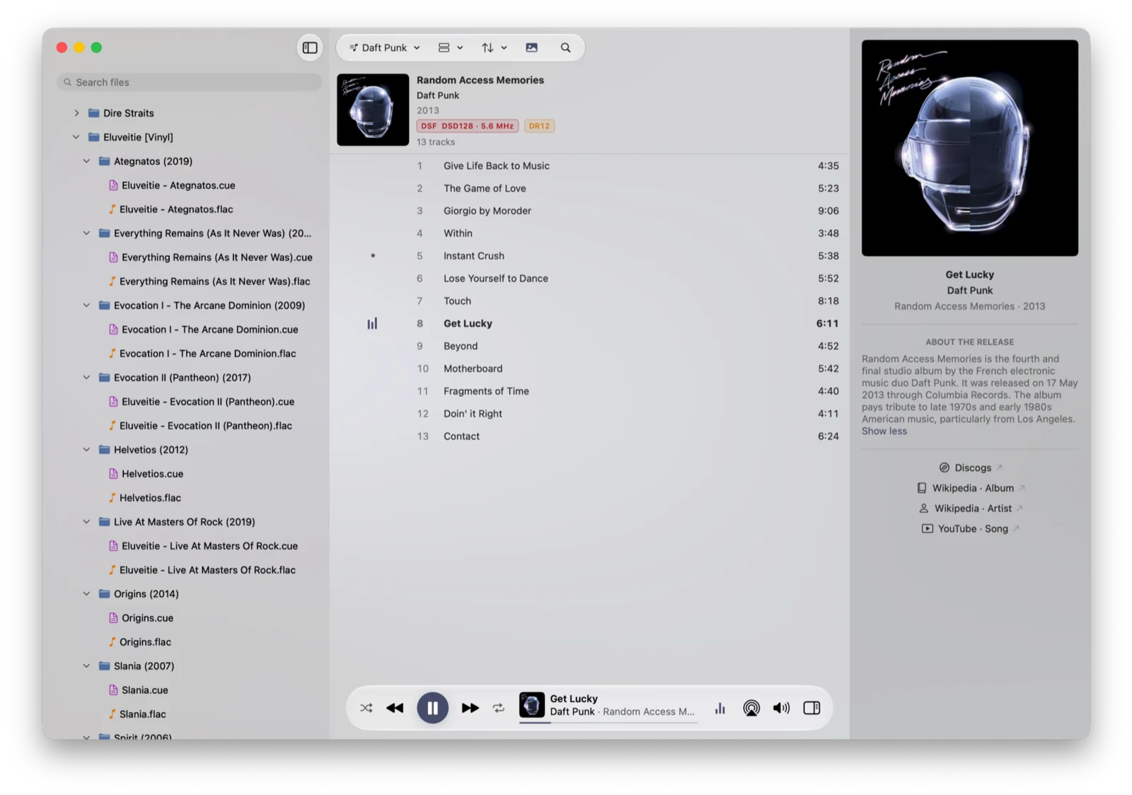 Vano Audio Player full window showing an album playlist with a DSD file playing and the details panel open